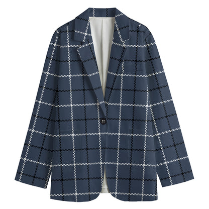 Dark Blue Tattersall Pattern Print Women's Cotton Blazer