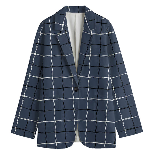 Dark Blue Tattersall Pattern Print Women's Cotton Blazer