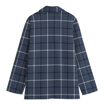 Dark Blue Tattersall Pattern Print Women's Cotton Blazer
