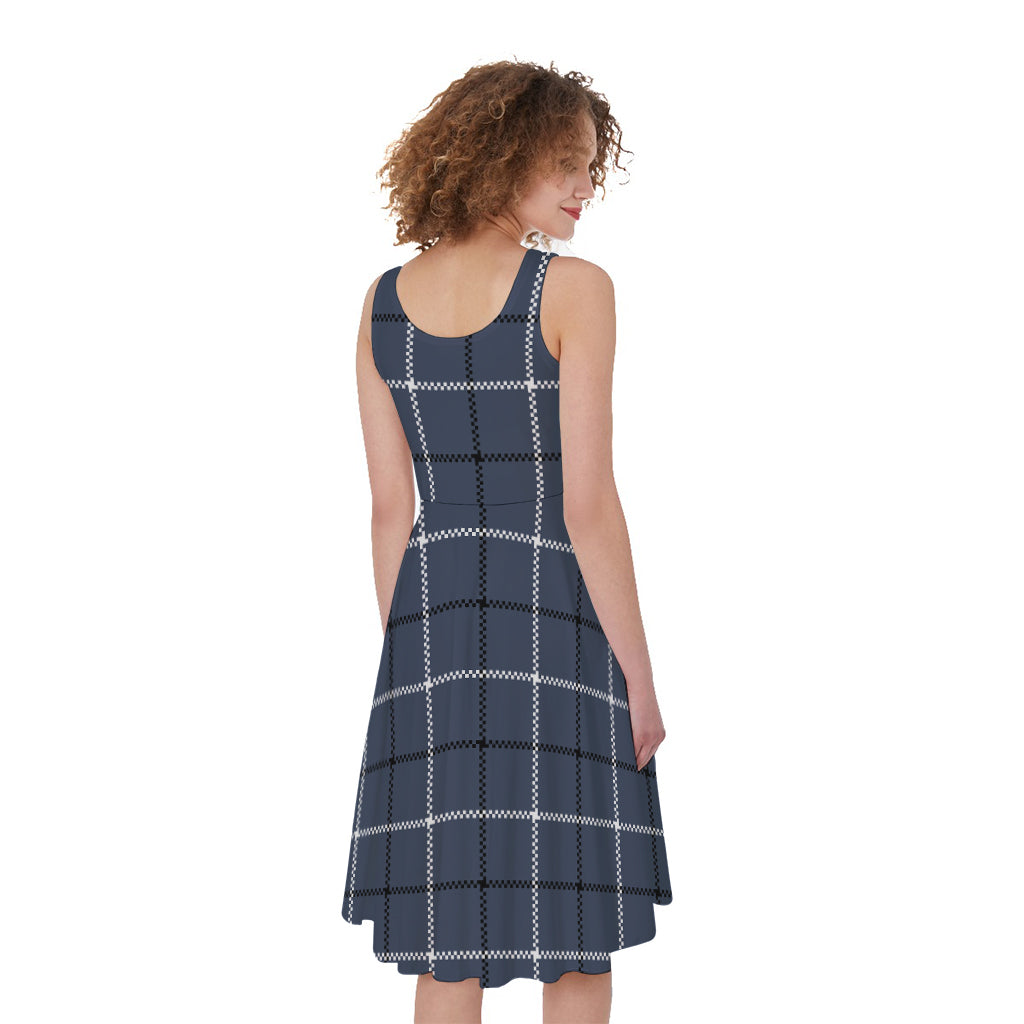 Dark Blue Tattersall Pattern Print Women's Sleeveless Dress