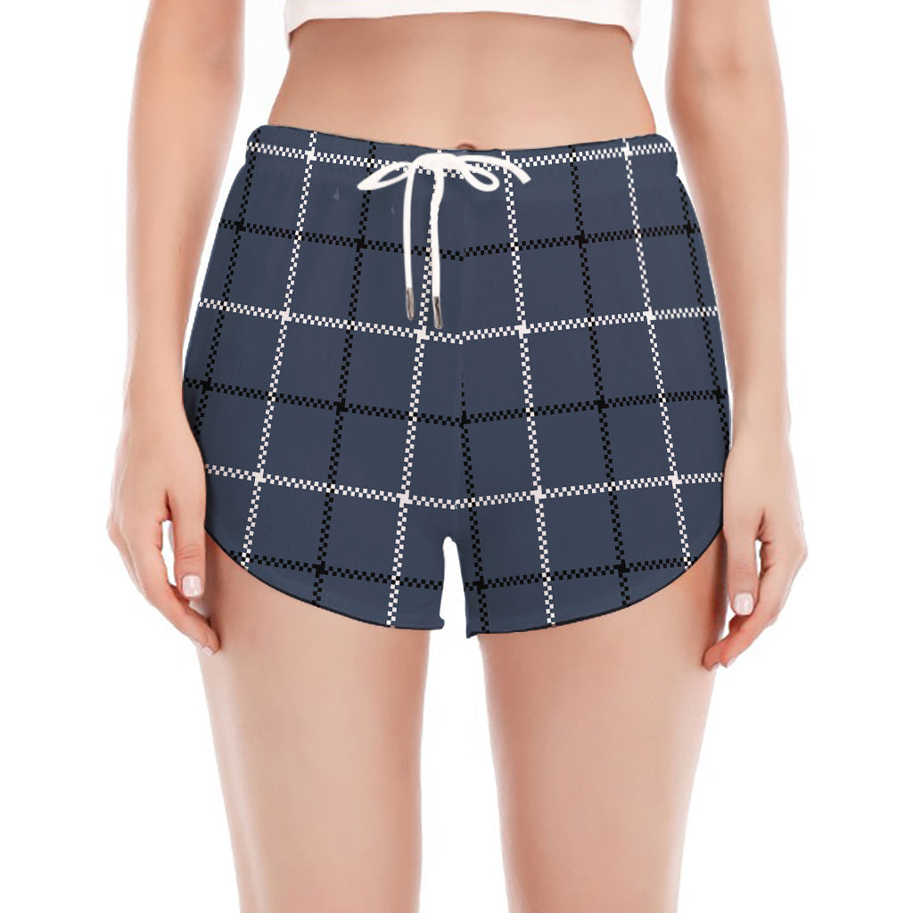 Dark Blue Tattersall Pattern Print Women's Split Running Shorts
