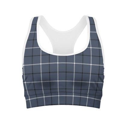 Dark Blue Tattersall Pattern Print Women's Sports Bra