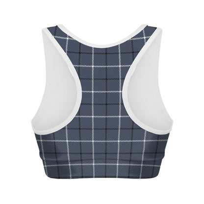 Dark Blue Tattersall Pattern Print Women's Sports Bra