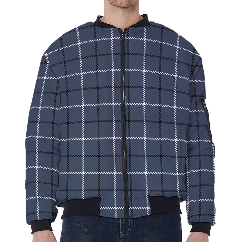 Dark Blue Tattersall Pattern Print Zip Sleeve Bomber Jacket