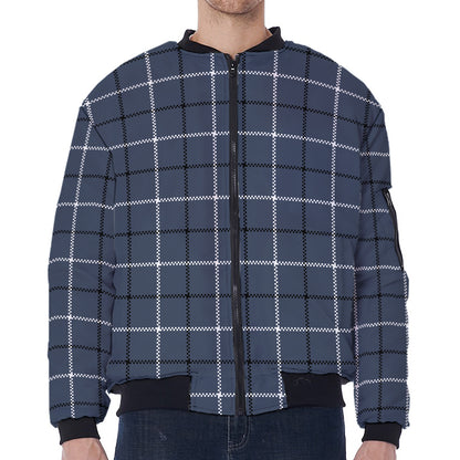 Dark Blue Tattersall Pattern Print Zip Sleeve Bomber Jacket