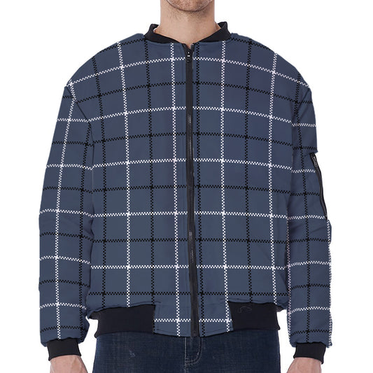Dark Blue Tattersall Pattern Print Zip Sleeve Bomber Jacket