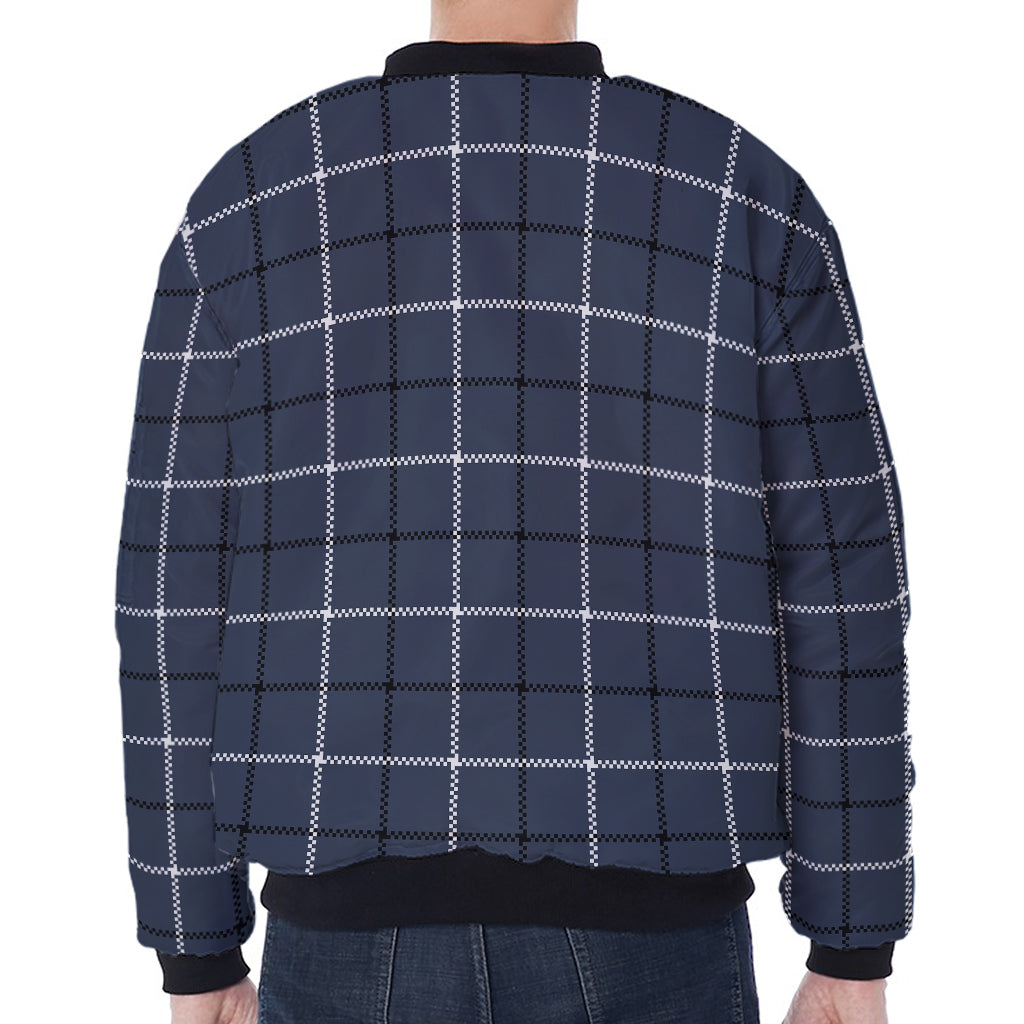 Dark Blue Tattersall Pattern Print Zip Sleeve Bomber Jacket