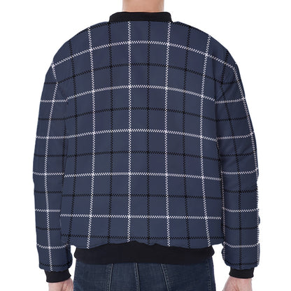 Dark Blue Tattersall Pattern Print Zip Sleeve Bomber Jacket