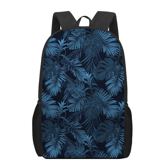 Dark Blue Tropical Leaf Pattern Print 17 Inch Backpack