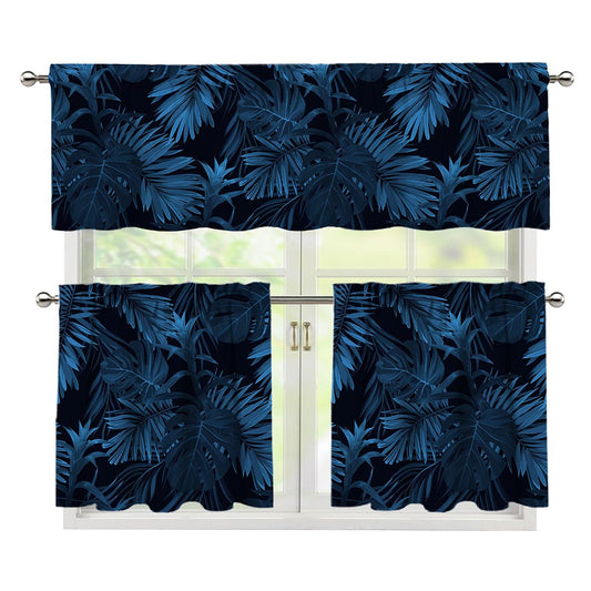 Dark Blue Tropical Leaf Pattern Print 3 Piece Kitchen Curtains