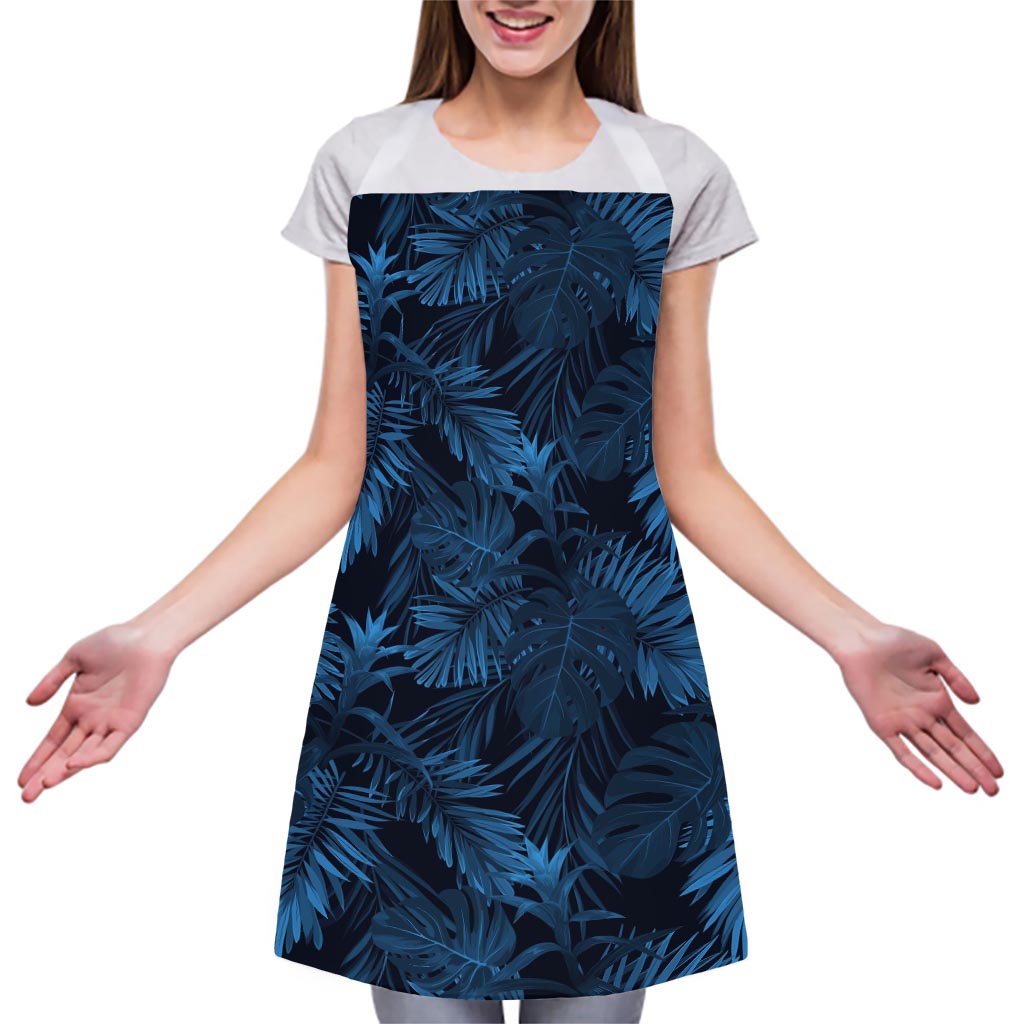 Dark Blue Tropical Leaf Pattern Print Adjustable Apron