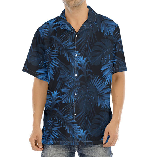 Dark Blue Tropical Leaf Pattern Print Aloha Shirt