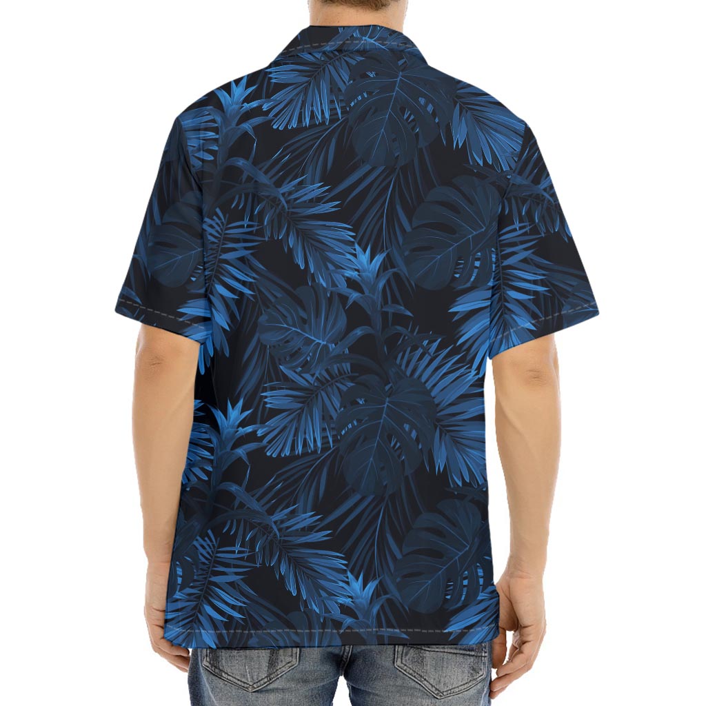 Dark Blue Tropical Leaf Pattern Print Aloha Shirt