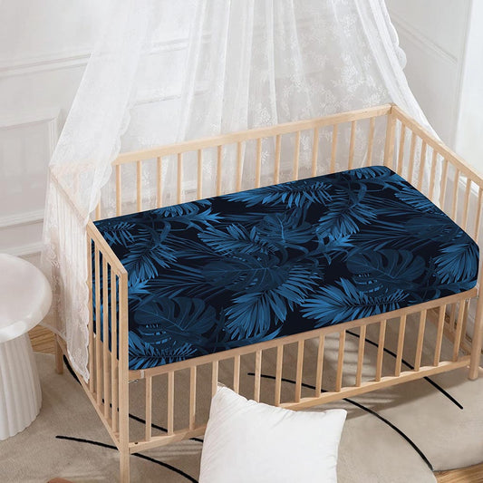 Dark Blue Tropical Leaf Pattern Print Baby Crib Sheet
