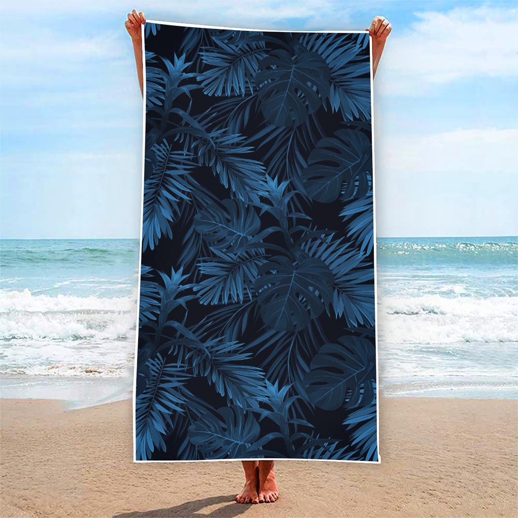 Dark Blue Tropical Leaf Pattern Print Beach Towel