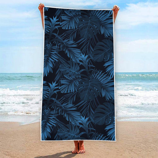 Dark Blue Tropical Leaf Pattern Print Beach Towel