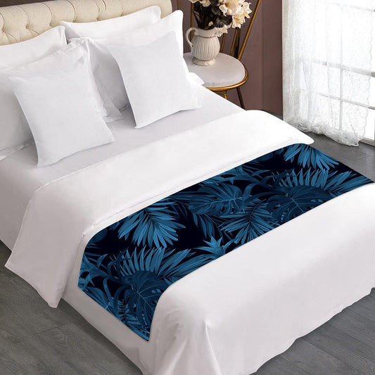 Dark Blue Tropical Leaf Pattern Print Bed Runner