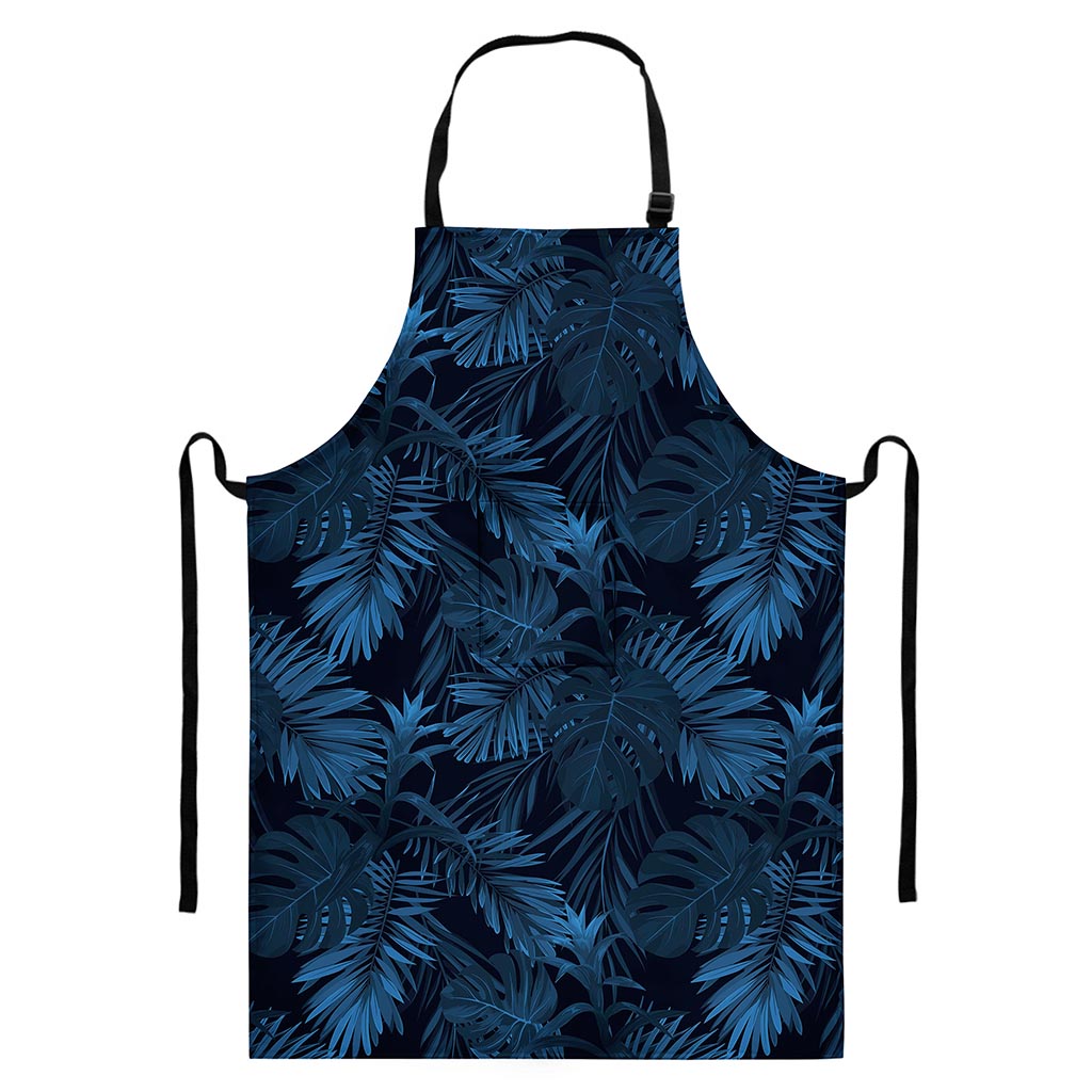 Dark Blue Tropical Leaf Pattern Print Bib Apron With Pocket