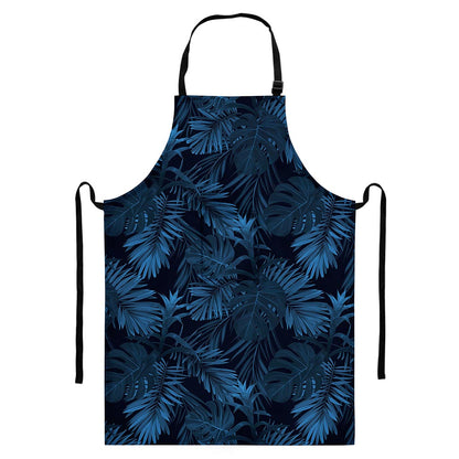 Dark Blue Tropical Leaf Pattern Print Bib Apron With Pocket