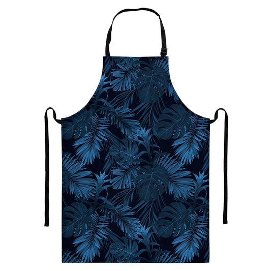 Dark Blue Tropical Leaf Pattern Print Bib Apron With Pocket