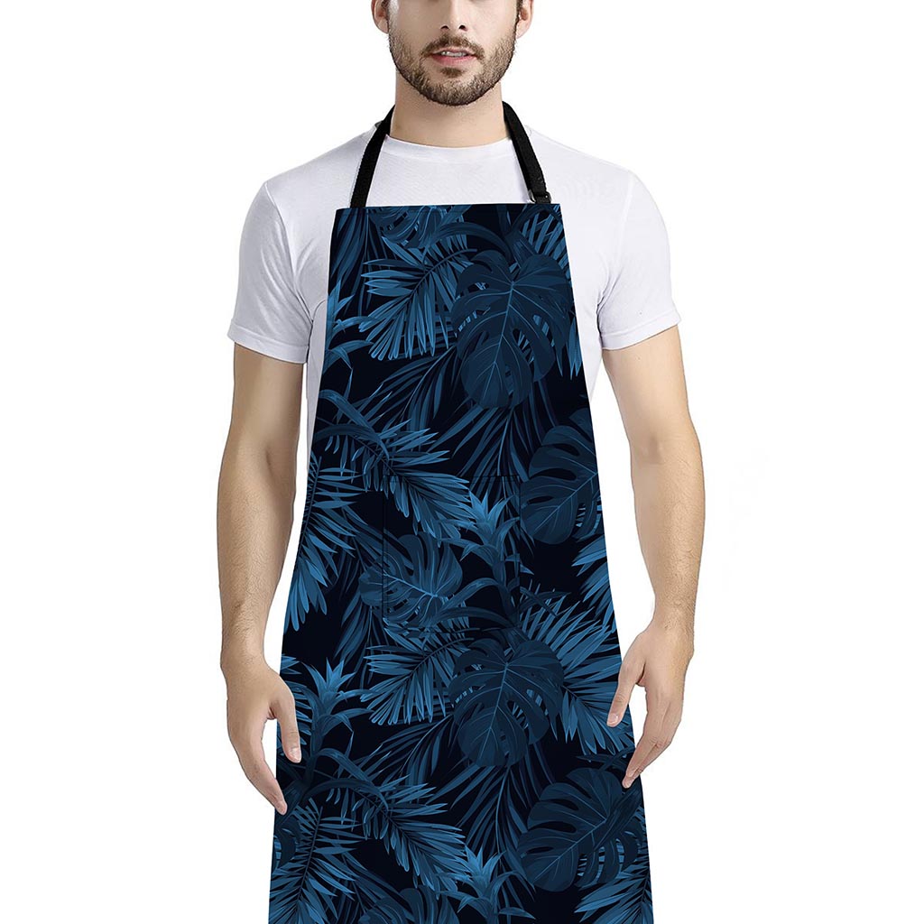 Dark Blue Tropical Leaf Pattern Print Bib Apron With Pocket