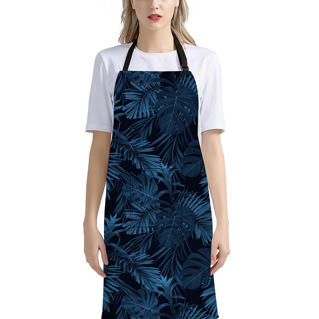 Dark Blue Tropical Leaf Pattern Print Bib Apron With Pocket