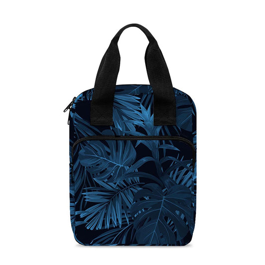 Dark Blue Tropical Leaf Pattern Print Bible Tote Bag