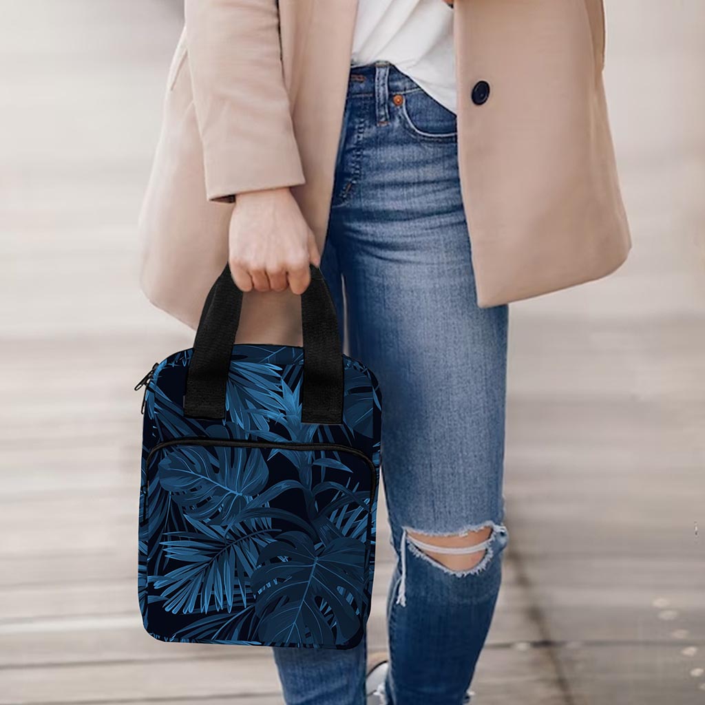 Dark Blue Tropical Leaf Pattern Print Bible Tote Bag