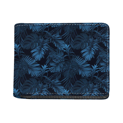 Dark Blue Tropical Leaf Pattern Print Bifold Wallet