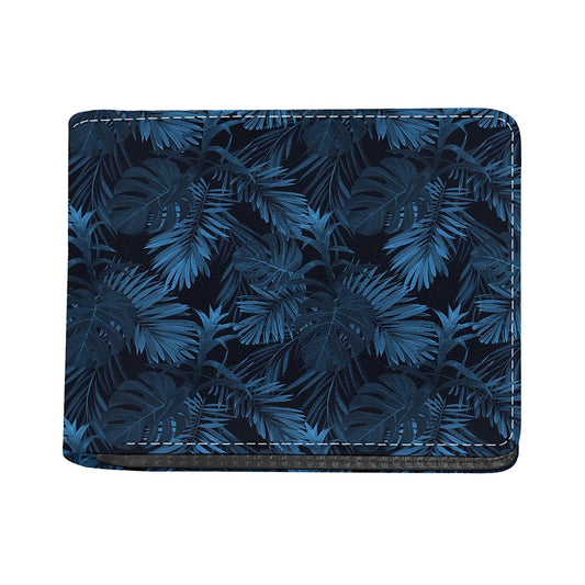 Dark Blue Tropical Leaf Pattern Print Bifold Wallet