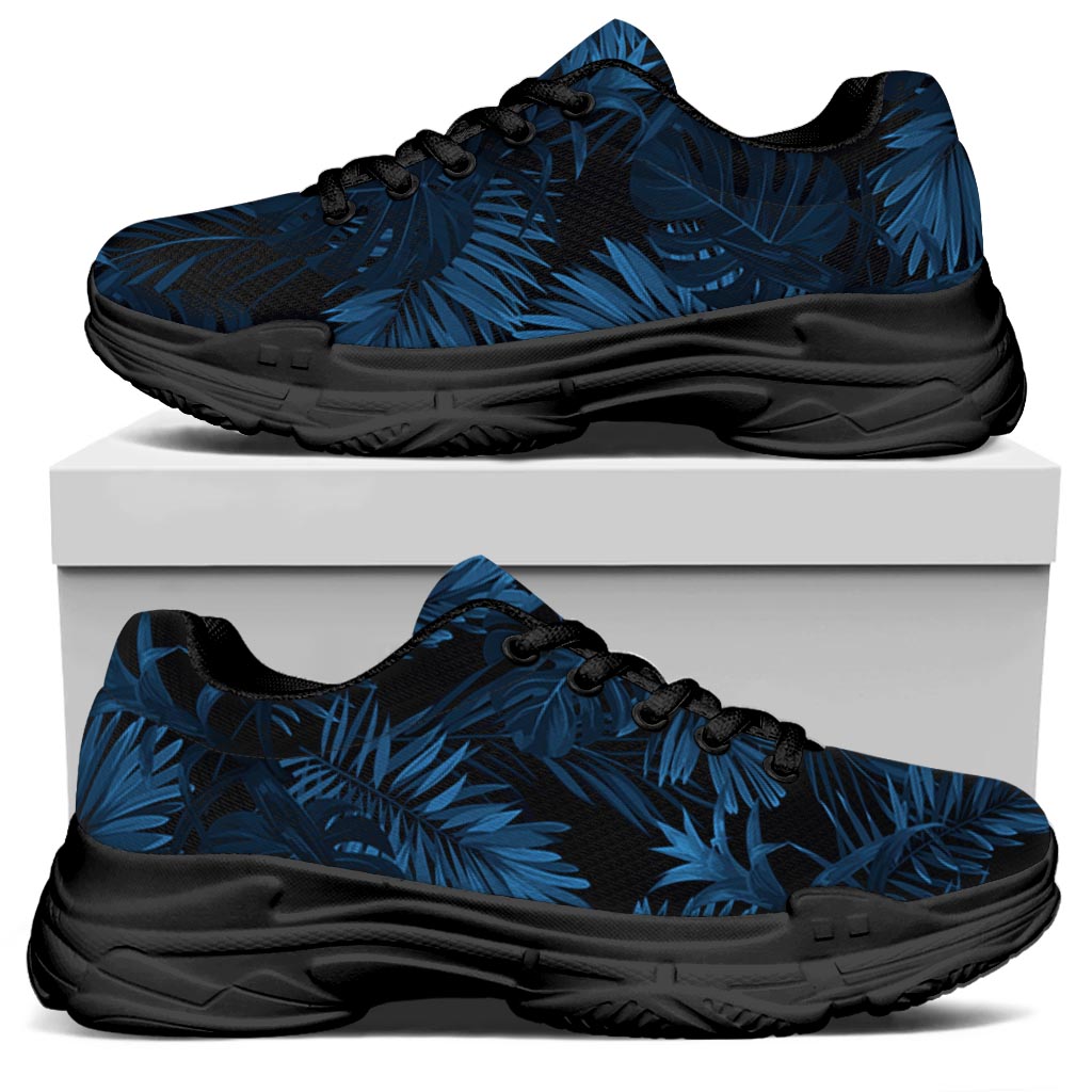 Dark Blue Tropical Leaf Pattern Print Black Chunky Shoes