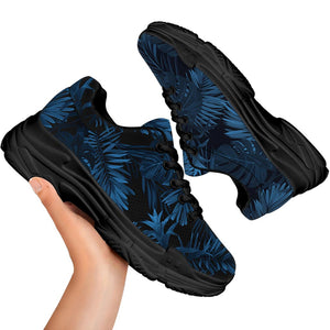 Dark Blue Tropical Leaf Pattern Print Black Chunky Shoes