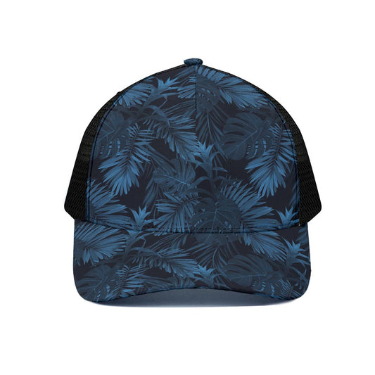 Dark Blue Tropical Leaf Pattern Print Black Mesh Trucker Cap