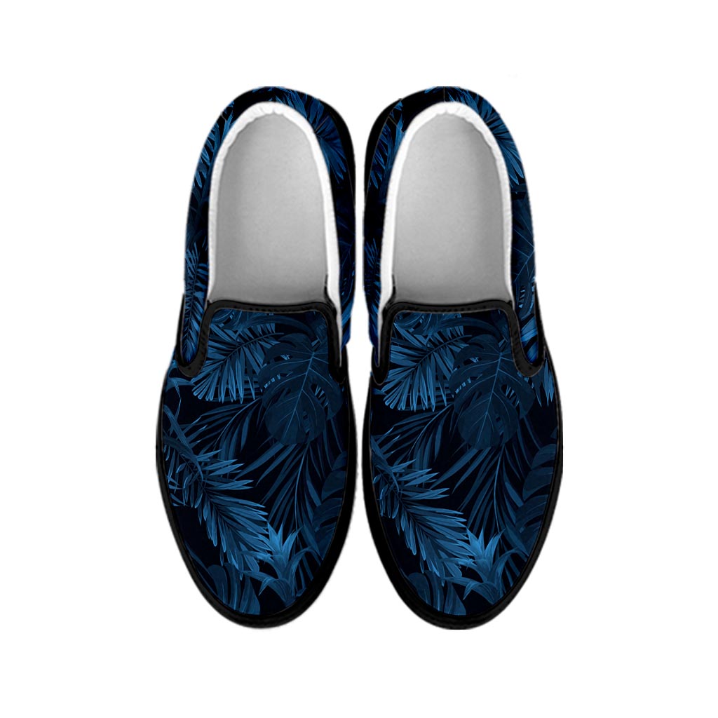 Dark Blue Tropical Leaf Pattern Print Black Slip On Sneakers