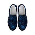 Dark Blue Tropical Leaf Pattern Print Black Slip On Sneakers