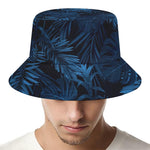 Dark Blue Tropical Leaf Pattern Print Bucket Hat