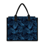 Dark Blue Tropical Leaf Pattern Print Canvas Tote Bag