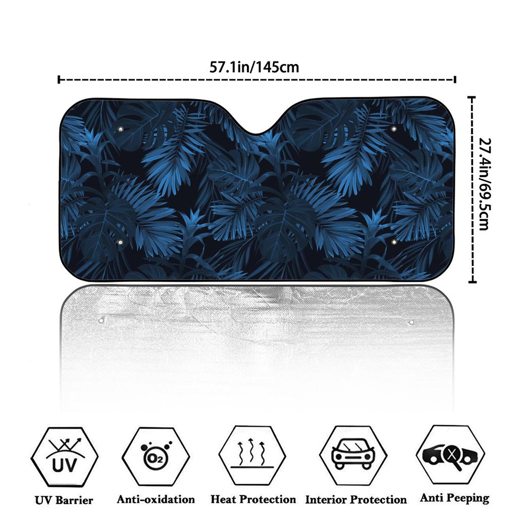 Dark Blue Tropical Leaf Pattern Print Car Windshield Sun Shade