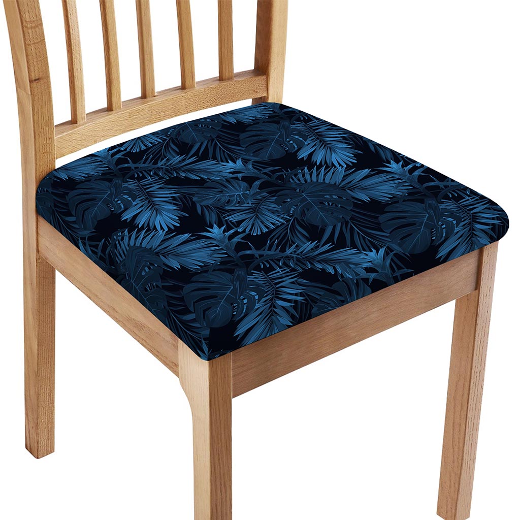 Dark Blue Tropical Leaf Pattern Print Chair Cushion Cover