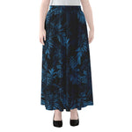 Dark Blue Tropical Leaf Pattern Print Chiffon Maxi Skirt