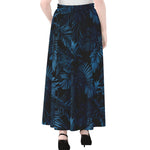 Dark Blue Tropical Leaf Pattern Print Chiffon Maxi Skirt