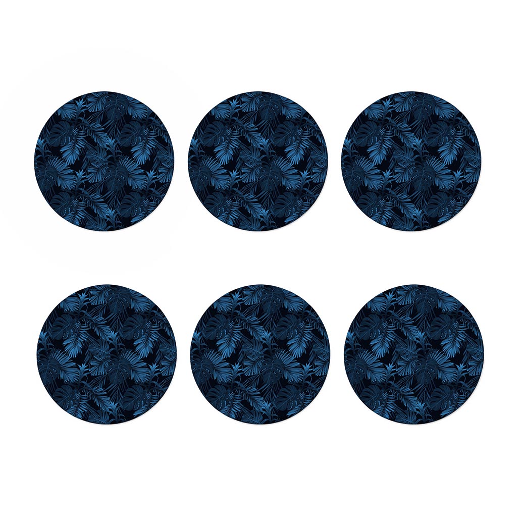 Dark Blue Tropical Leaf Pattern Print Coaster Set