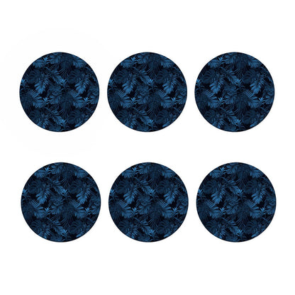 Dark Blue Tropical Leaf Pattern Print Coaster Set