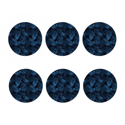 Dark Blue Tropical Leaf Pattern Print Coaster Set