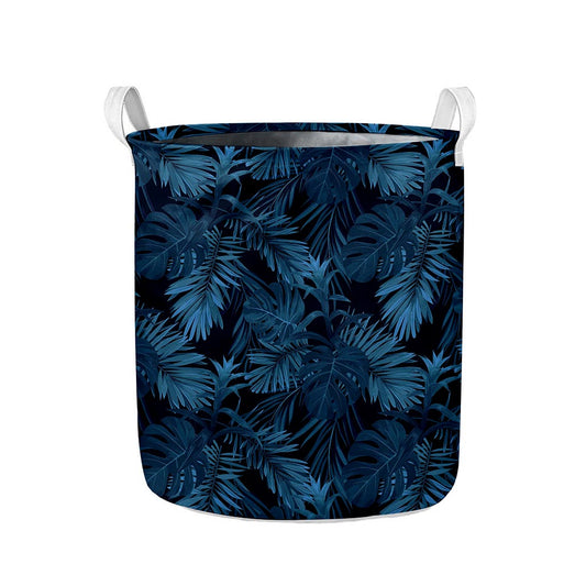 Dark Blue Tropical Leaf Pattern Print Collapsible Laundry Basket