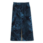 Dark Blue Tropical Leaf Pattern Print Cotton Front Slit Maxi Skirt