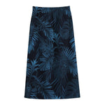 Dark Blue Tropical Leaf Pattern Print Cotton Front Slit Maxi Skirt