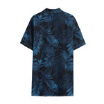 Dark Blue Tropical Leaf Pattern Print Cotton Hawaiian Shirt