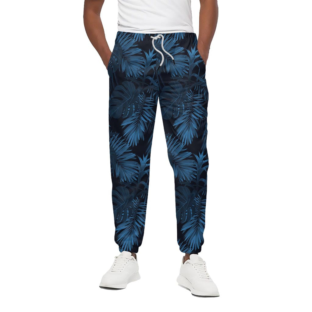 Dark Blue Tropical Leaf Pattern Print Cotton Pants