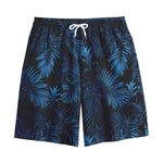 Dark Blue Tropical Leaf Pattern Print Cotton Shorts